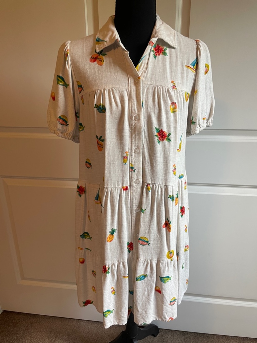 Jane + Delancey Linen Blend Tiered Dress with Novelty Print Size Small